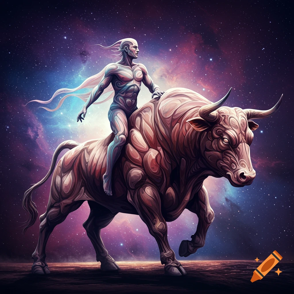 An abstract, muscular figure with long flowing tendrils rides a stylized bull through a vibrant cosmic nebula and stars.