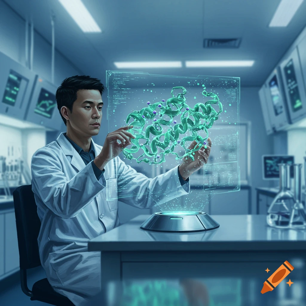 An Asian male scientist in a lab coat interacts with a glowing holographic display of a complex green protein structure in a modern, blue-toned laboratory.
