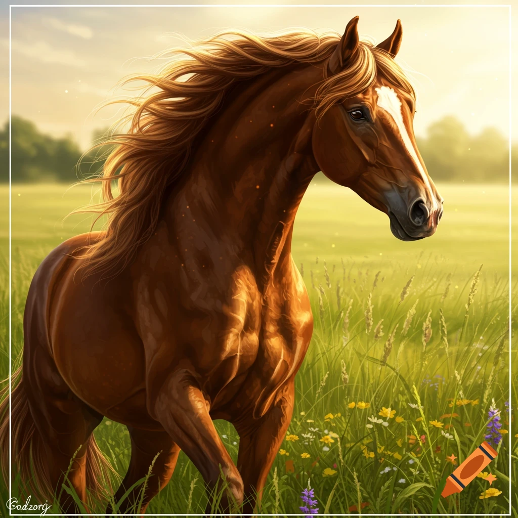 A majestic brown horse with a long, flowing mane stands in a sunlit meadow filled with green grass and wildflowers, looking to the right.