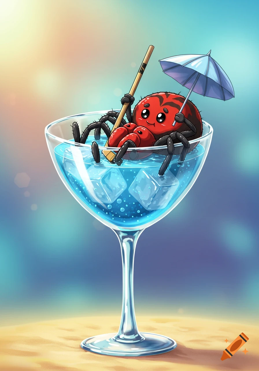 A cute cartoon red and black spider relaxing in a large blue cocktail with ice, holding a hockey stick and a tiny umbrella, with a sunny outdoor background.