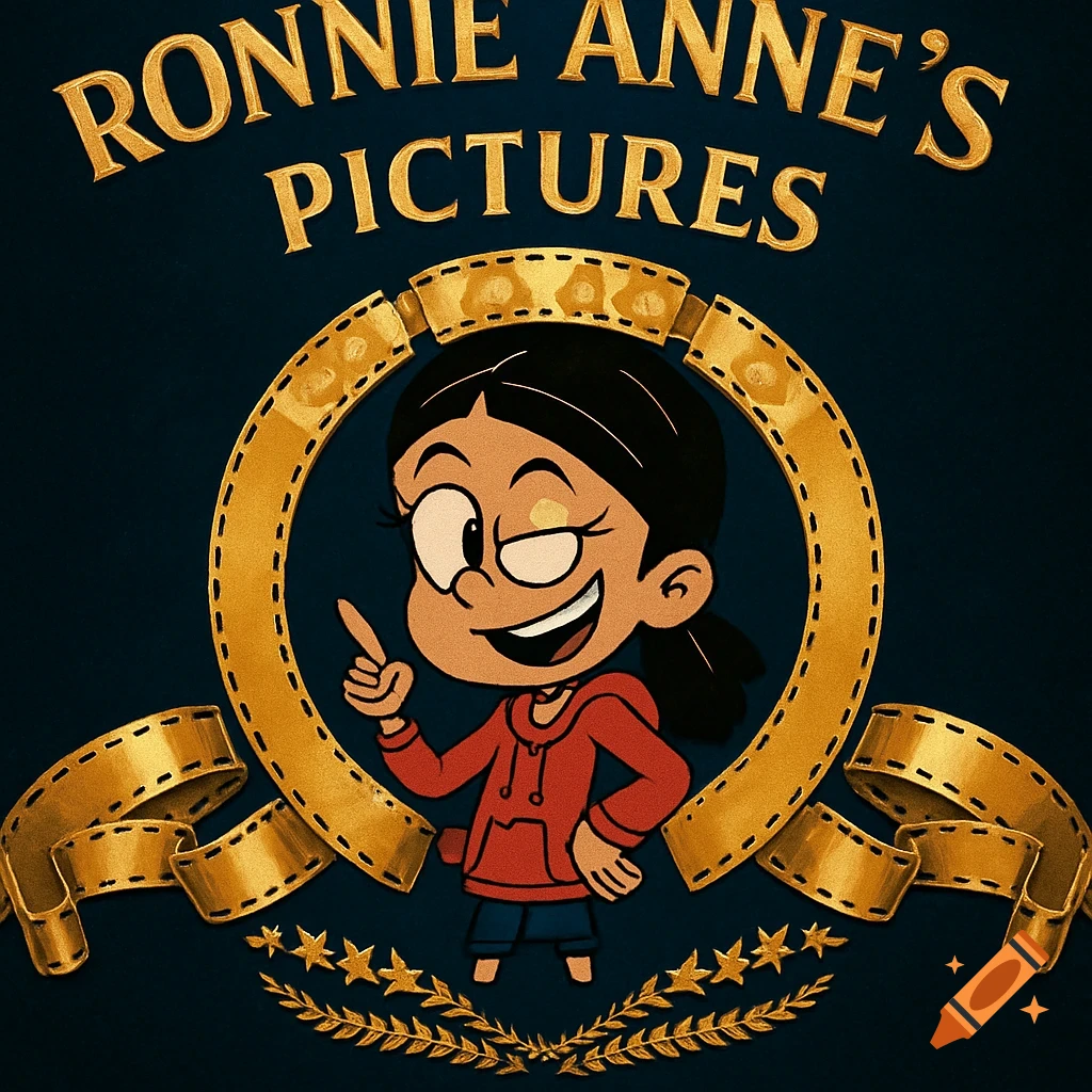 A cartoon girl in a red hoodie points inside a gold film reel circle with "Ronnie Anne's Pictures" text above, surrounded by gold stars and laurel leaves.
