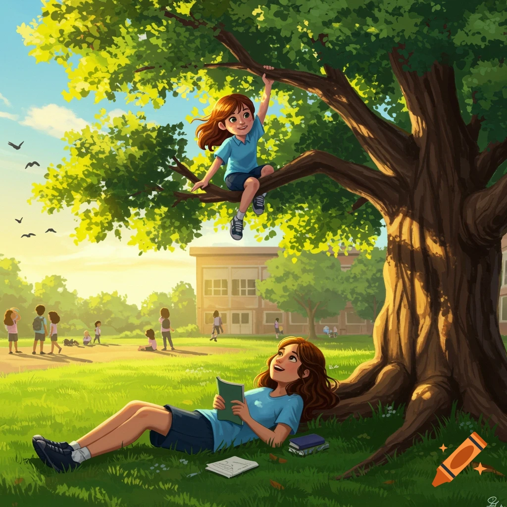 An illustration of a girl climbing a tree in a sunny schoolyard while another girl reads on the grass below.