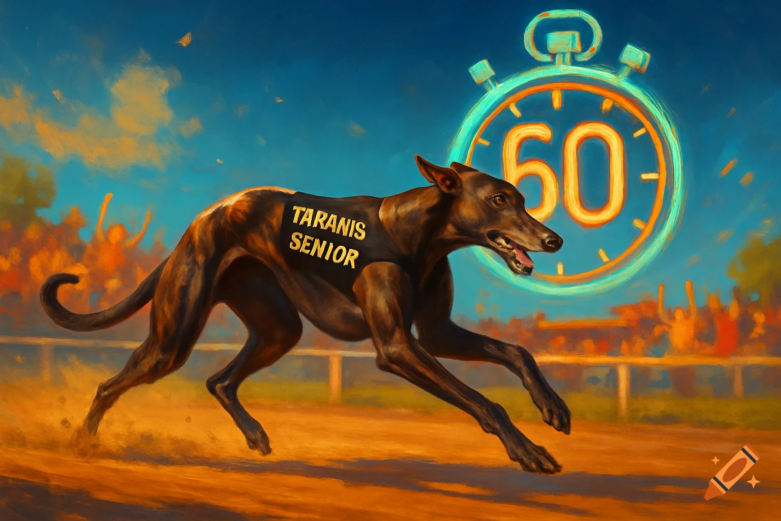 A greyhound named Taranis Senior races on a track, with a glowing 60-second stopwatch in the background, in a painted style.