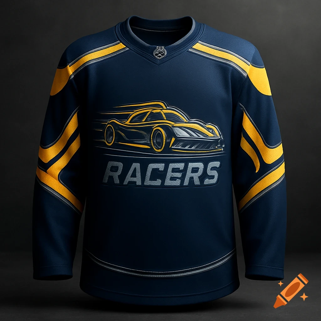 A dark blue hockey jersey with yellow gold and silver accents, featuring a stylized racing car graphic and the word "RACERS" on the front.
