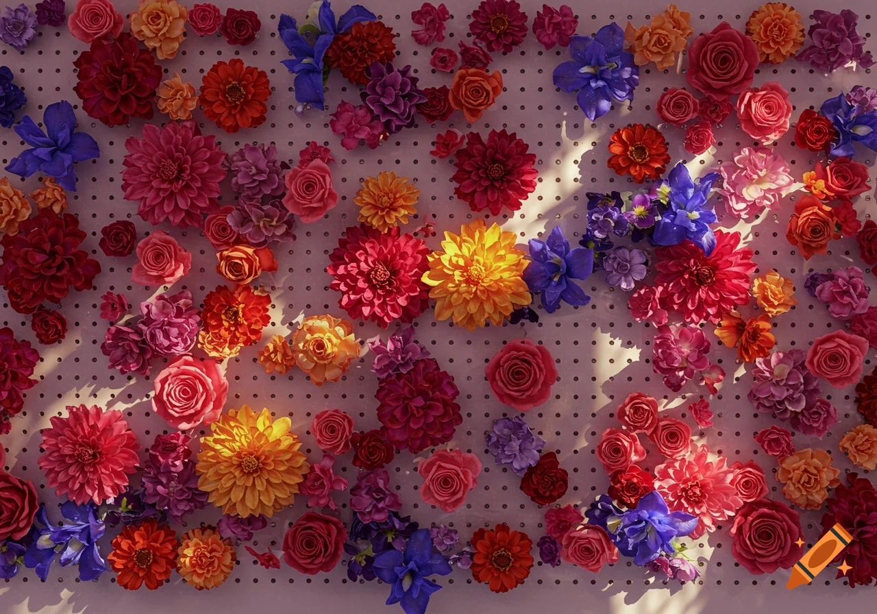 A vibrant and dense floral wall display, featuring various colorful artificial flowers like roses and dahlias arranged on a white pegboard.