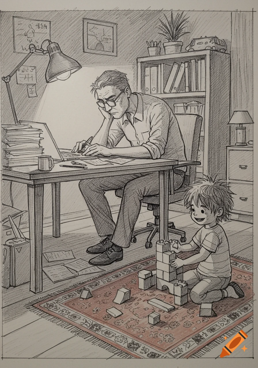 Sketch of a man working at a desk with a laptop while a child plays with building blocks on a rug beside him.