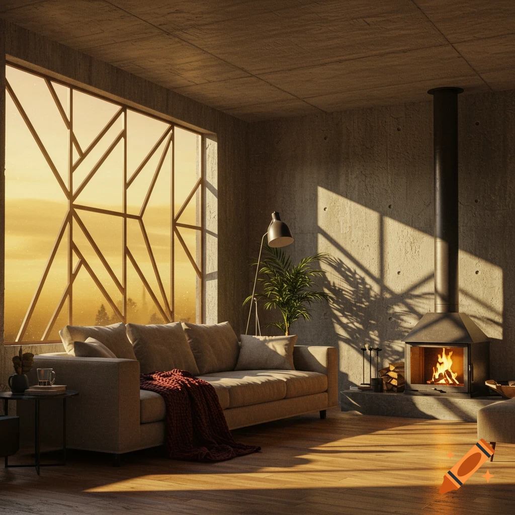 A cozy brutalist living room with a large geometric window, fireplace, and sofa, bathed in warm amber sunlight.