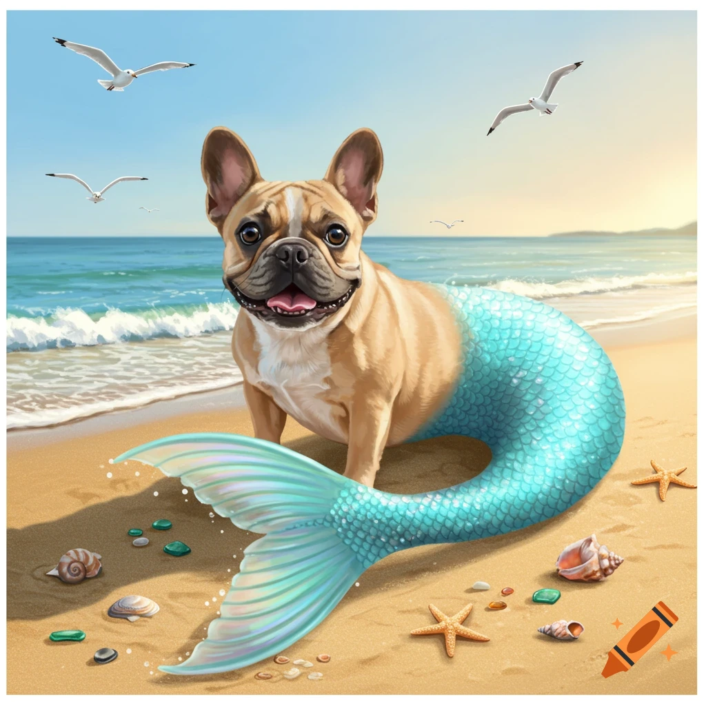 A happy French Bulldog with a shiny blue and green mermaid tail sits on a sandy beach with seashells and starfish, under a sunny sky.