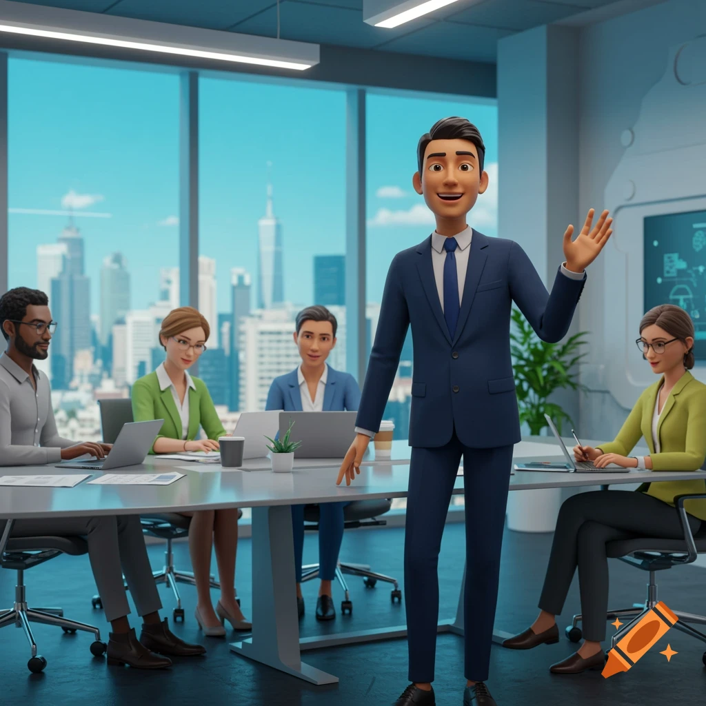 Animated corporate meeting with a male character presenting to colleagues around a table in a modern office.
