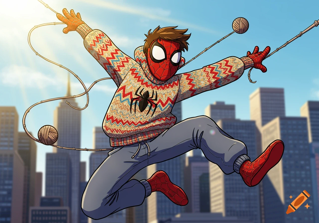 Cartoon Spider-Man in a patterned sweater and sweatpants swings through a city, with yarn ball webs.