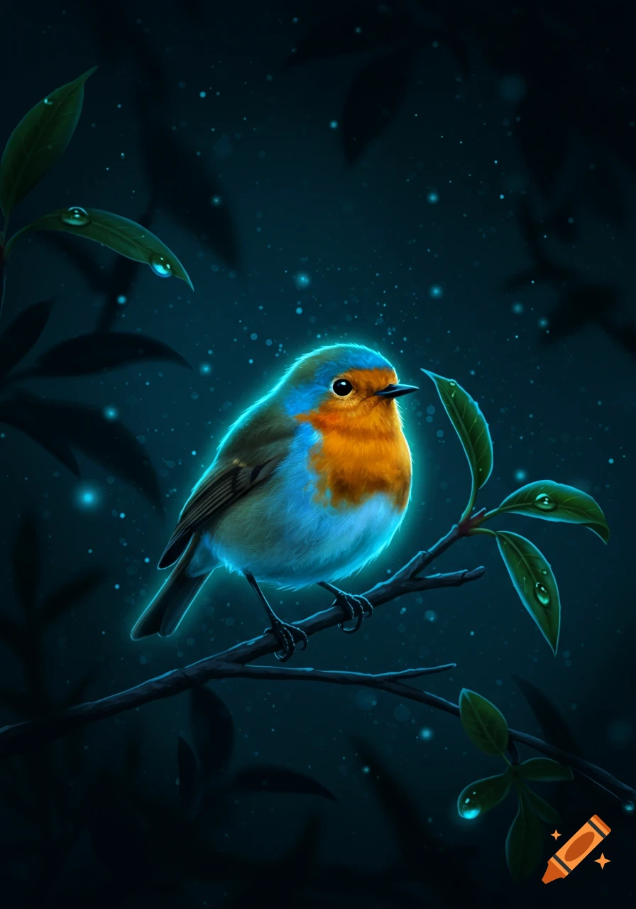 A digital art illustration of a glowing robin with an orange chest and blue-green body sitting on a dark branch.