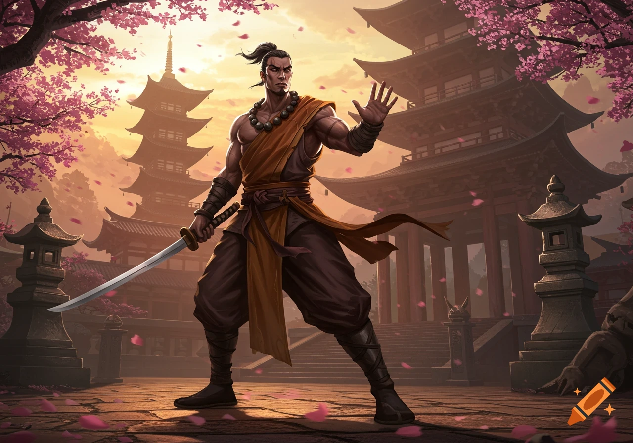 A muscular monk in orange robes and beads holds a katana, one hand raised, in a temple courtyard with cherry blossoms.