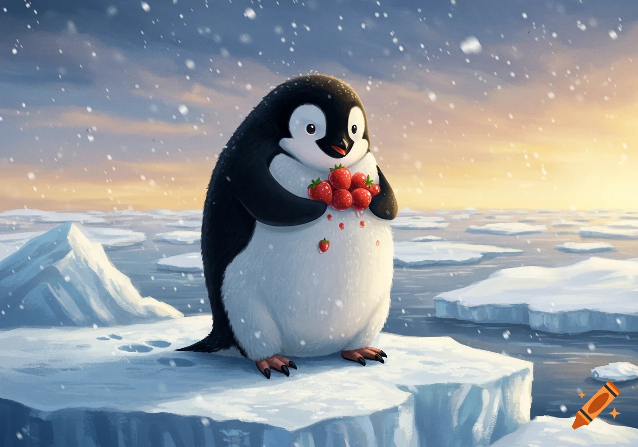 A cute cartoon penguin stands on an ice floe, holding and eating strawberries as snow falls at sunset.