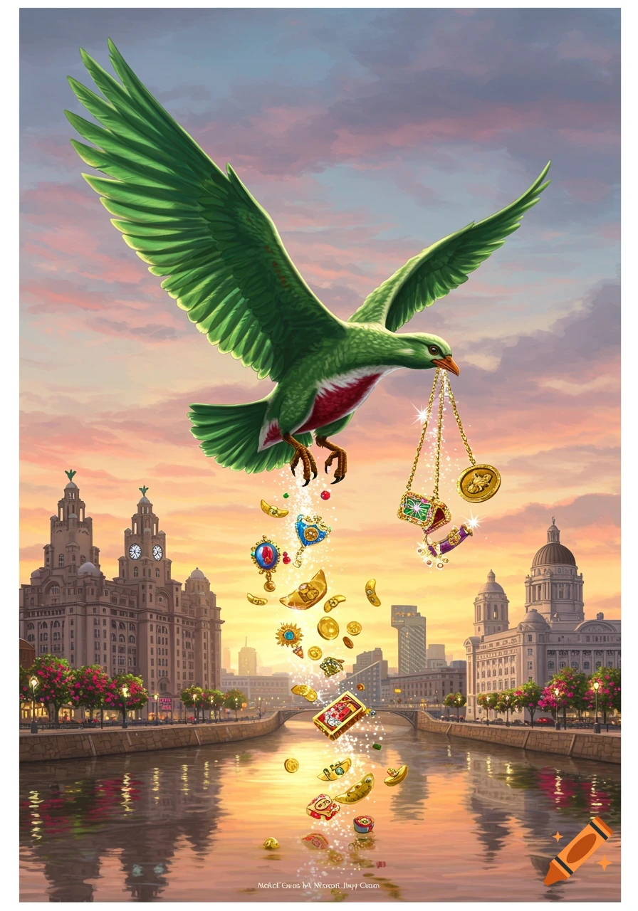 Illustrative image of a green bird, resembling the Liver Bird, dropping golden coins and colorful jewels over Liverpool city at sunset.