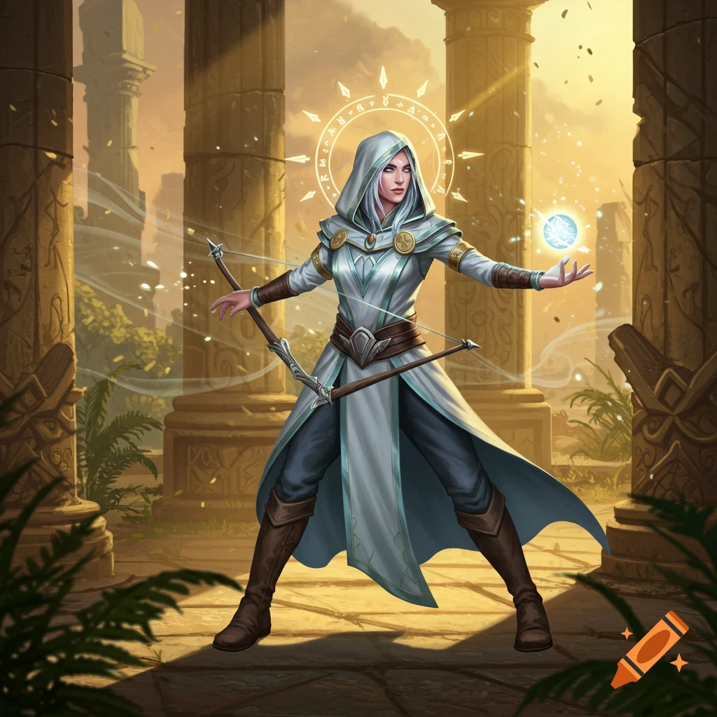 A fantasy female cleric with a bow and glowing orb stands in ancient ruins at sunset.