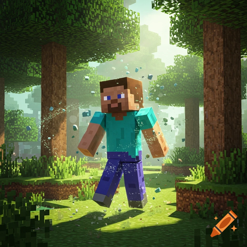 Minecraft Steve, a blocky character, stands in a vibrant blocky forest with particles floating around him.