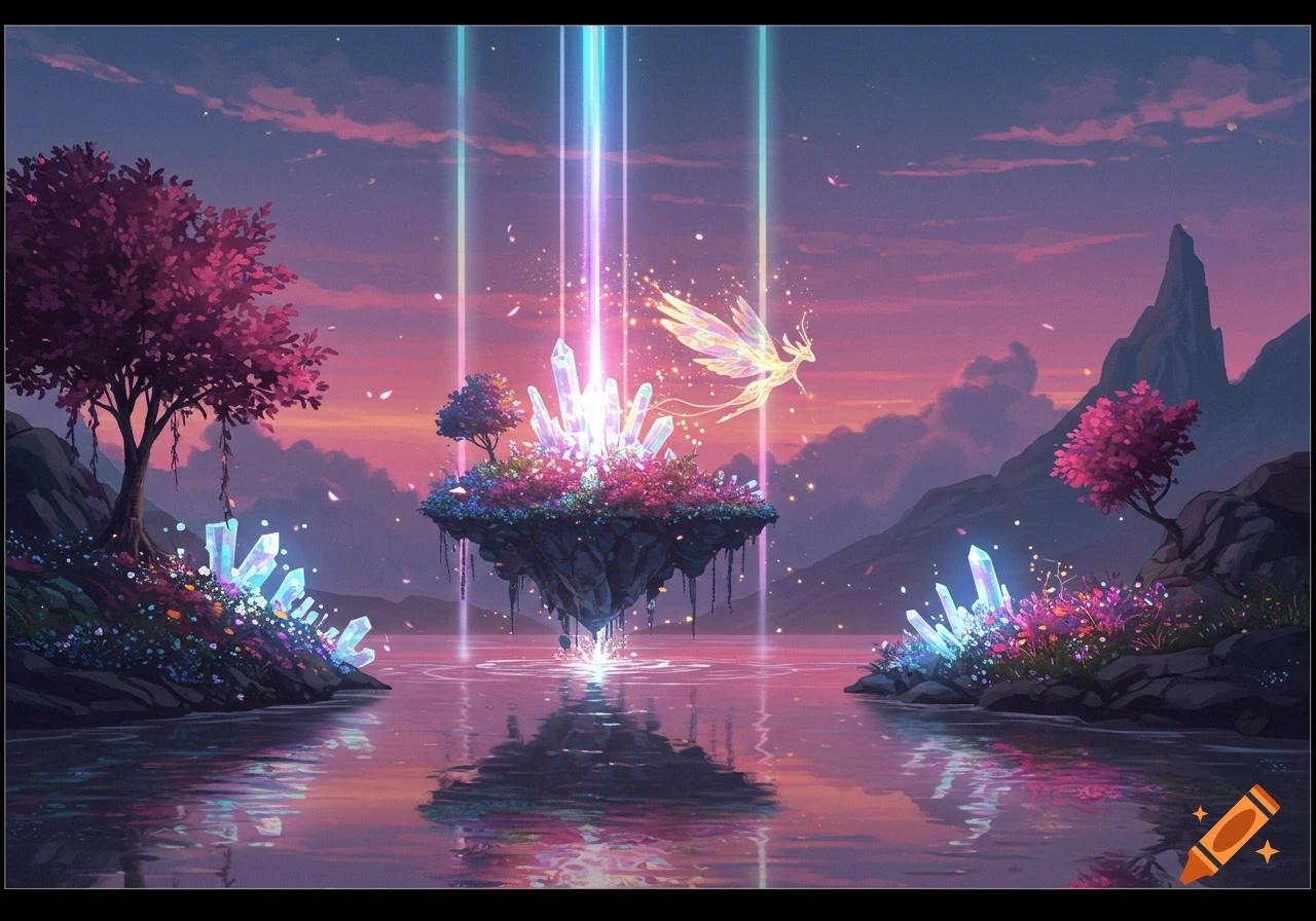 A fantastical scene with a glowing floating island covered in crystals and plants, reflecting in a calm body of water at sunset. Luminous beams of light shine down, and a winged creature flies near the island.