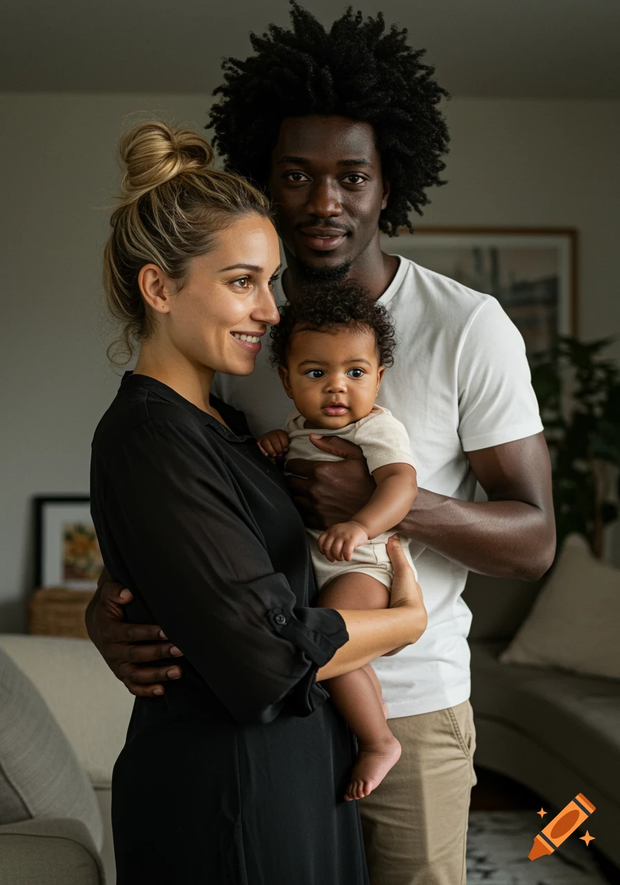 A diverse family, a woman with blonde hair in a bun, a man with an afro, and their baby, stand together in a living room.