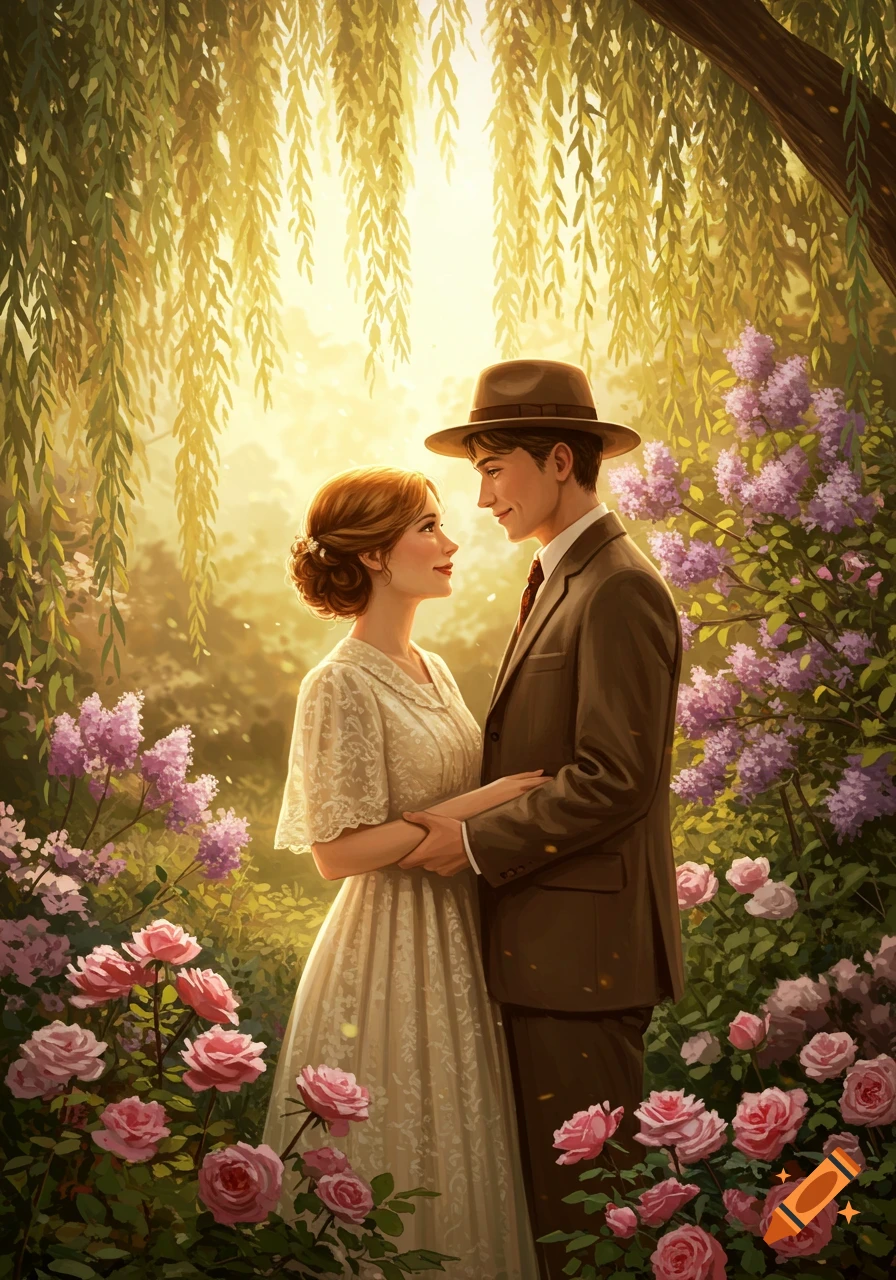 Illustrated image of a man and woman embracing in a lush, sunlit garden with pink roses, purple lilacs, and weeping willows.