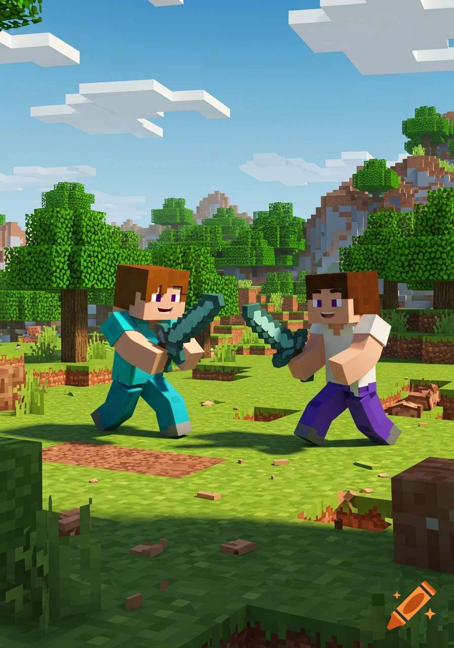 Two Minecraft characters, one in blue and one in white and purple, duel with swords in a sunny blocky landscape.
