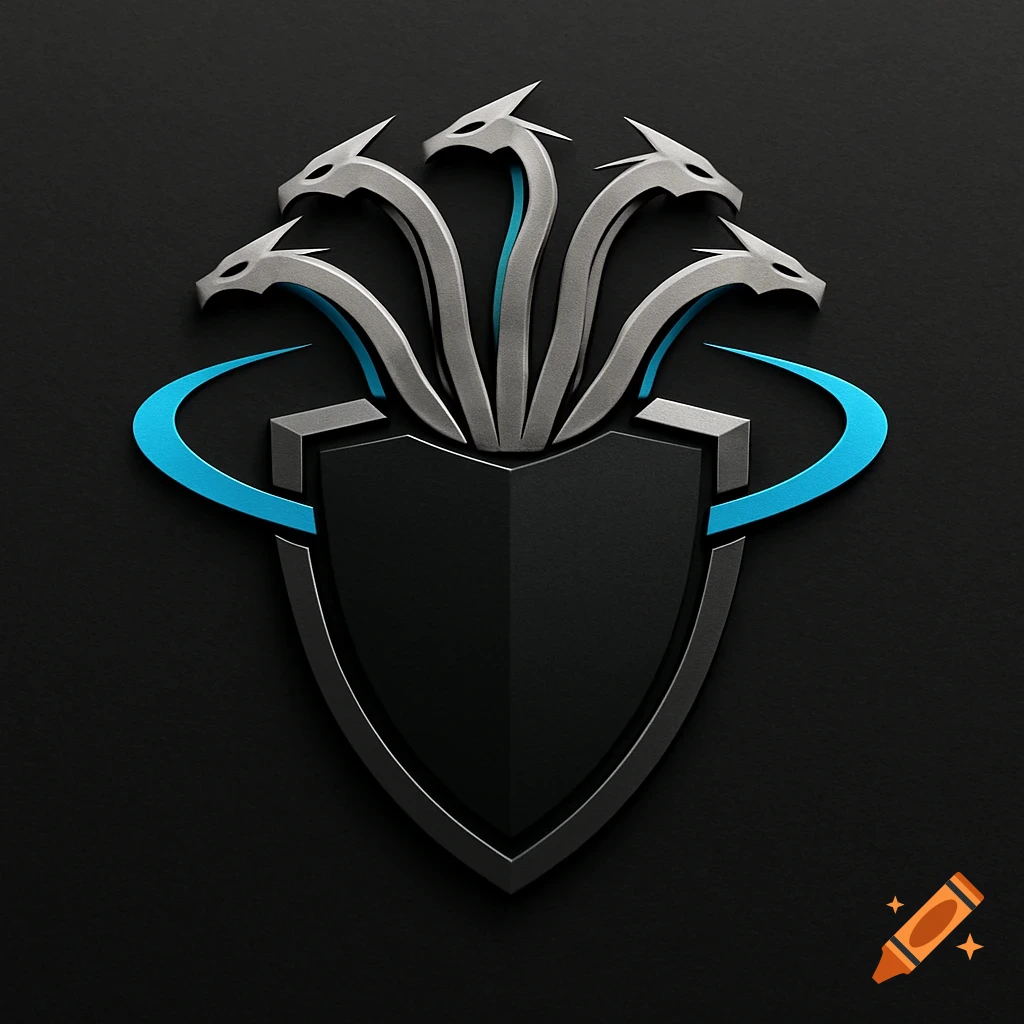 A modern automotive logo featuring five silver abstract hydra heads above a matte black shield, with electric blue accents.