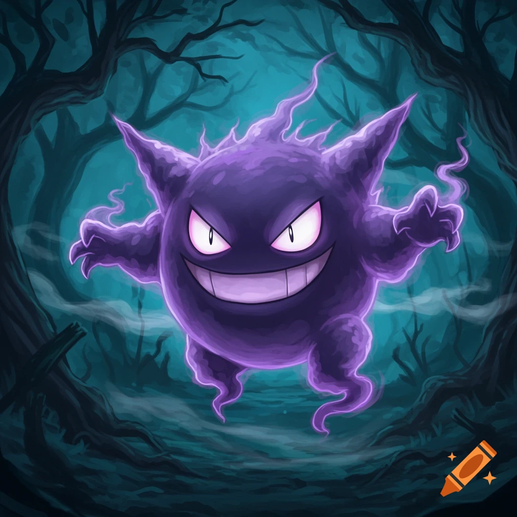 A grinning purple ghost-like Haunter Pok 00e9mon with glowing eyes floats in a dark, eerie forest with gnarled trees.