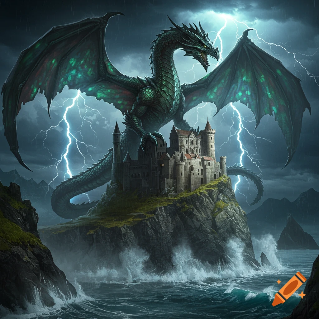 A massive green dragon perches atop a medieval castle on a stormy cliff, with lightning striking the dark sky above a turbulent sea.