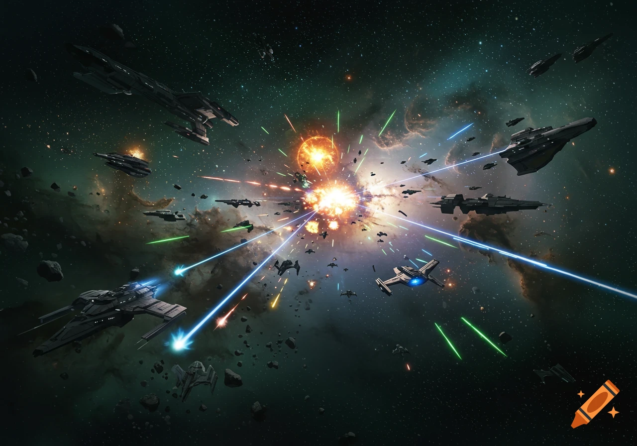An epic space battle with many spaceships firing lasers and explosions in a nebula-filled galaxy.