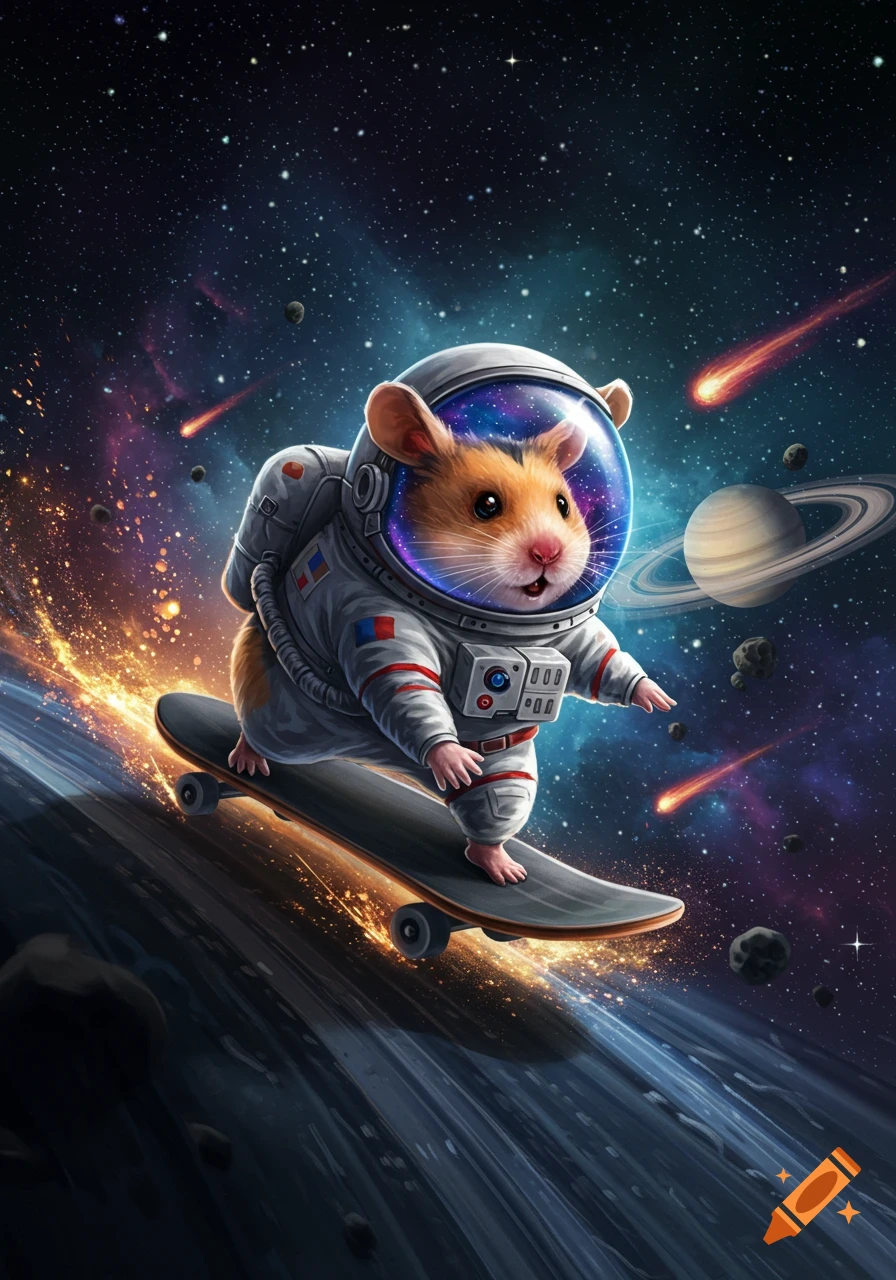 A cute hamster astronaut rides a skateboard through vibrant space with stars, planets, and meteors.