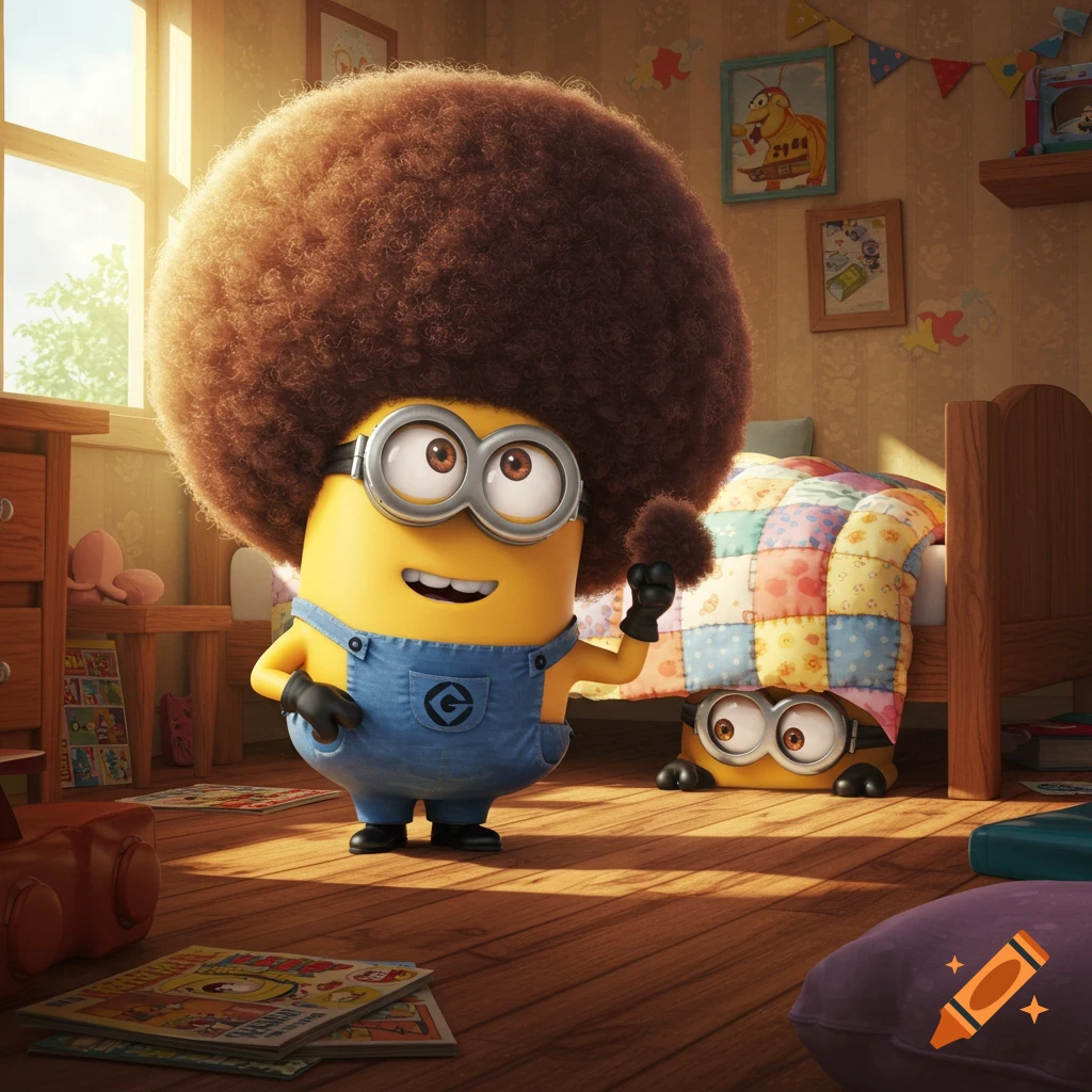 A cheerful Minion with a large brown afro stands in a sunlit bedroom while another Minion peeks from under the bed. 3D animated style.