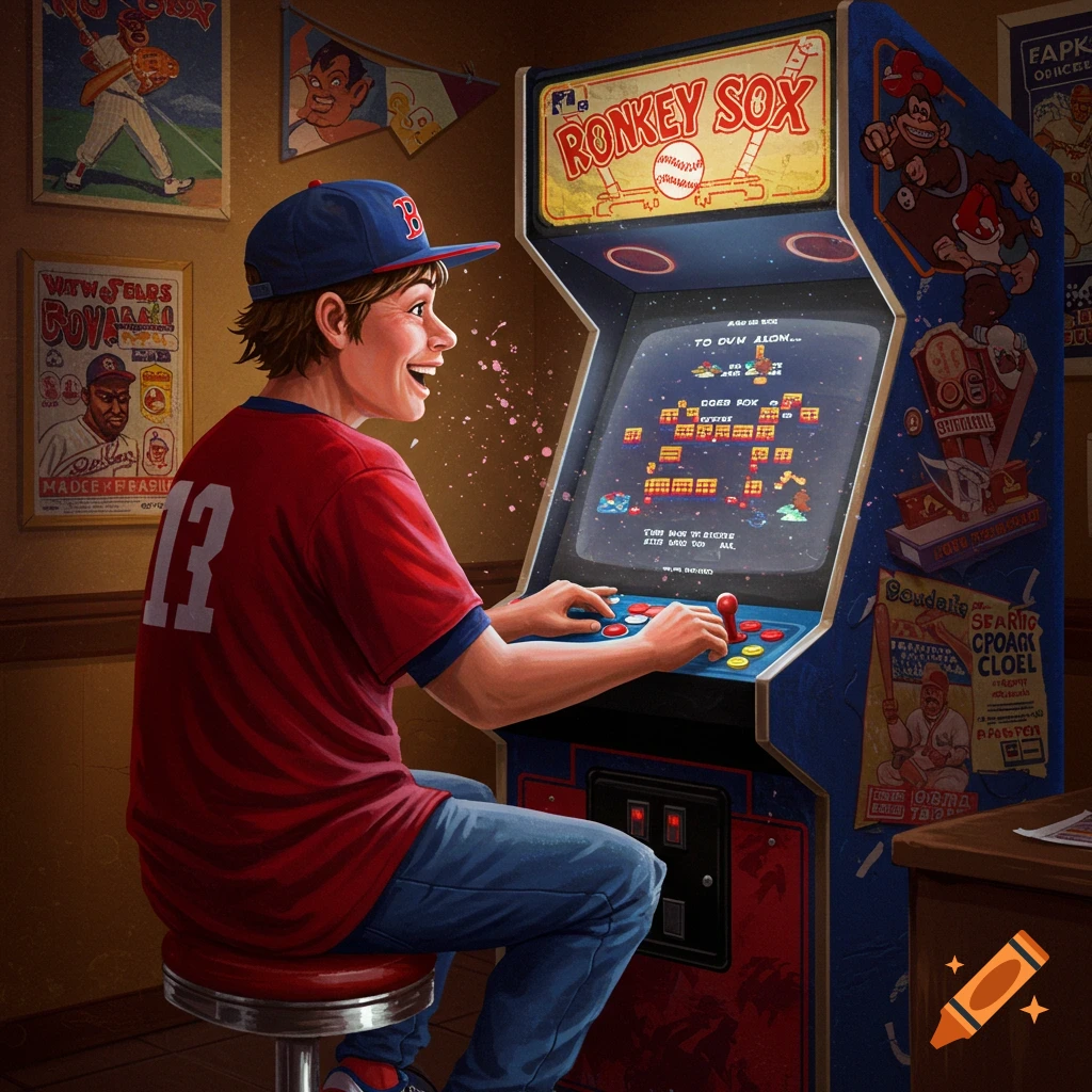 A boy in a Red Sox hat and jersey plays a vintage arcade game with a joyful expression, in a room with baseball posters.