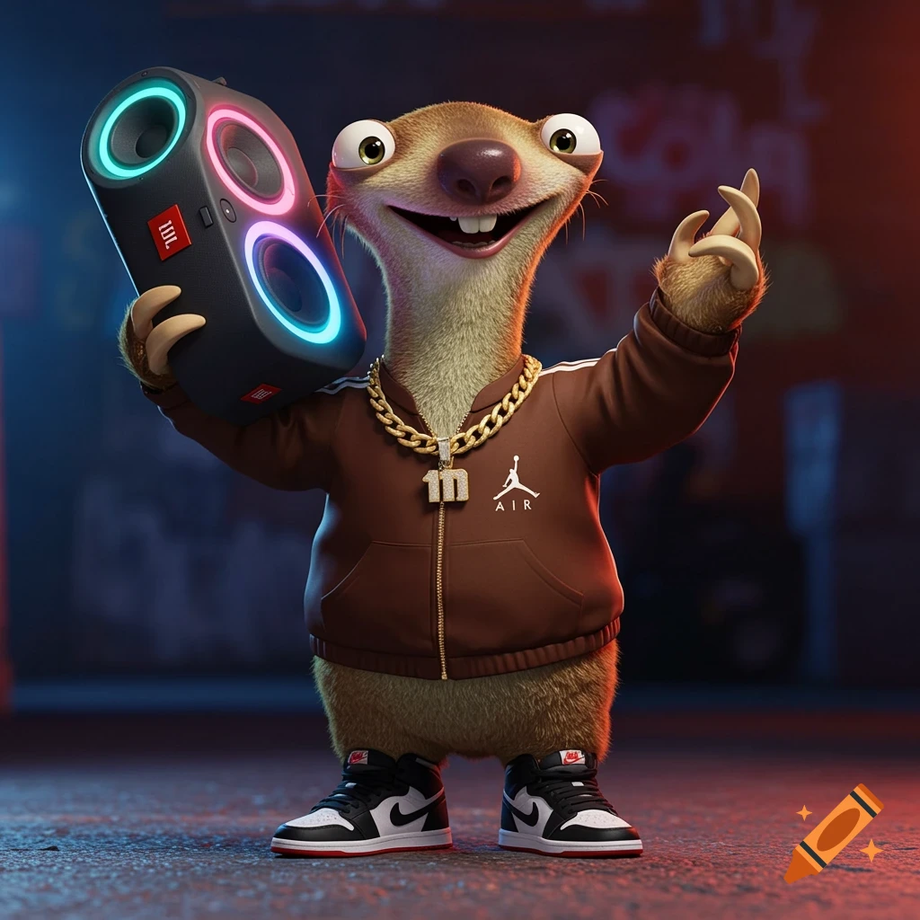 Sid the Sloth from Ice Age in a brown Air Jordan tracksuit, gold chain, holding a glowing JBL speaker, and gesturing, street background.