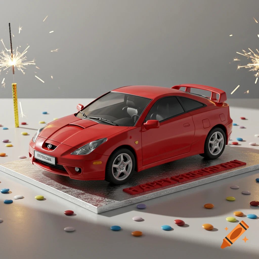 Red Toyota Celica car model on a silver birthday cake base with sprinkles and sparklers.