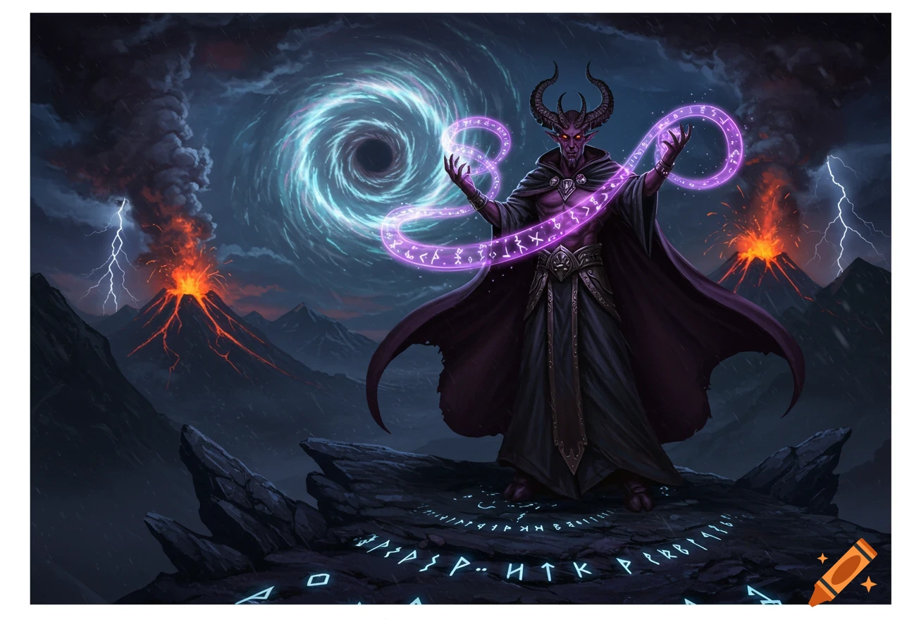 Purple-skinned demonoid sorcerer casting purple magic, with a swirling portal, volcanoes, and lightning in a dark fantasy landscape.