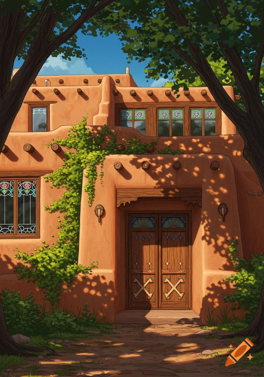 Illustrated pueblo revival house with stained glass windows, framed by trees under dappled sunlight.