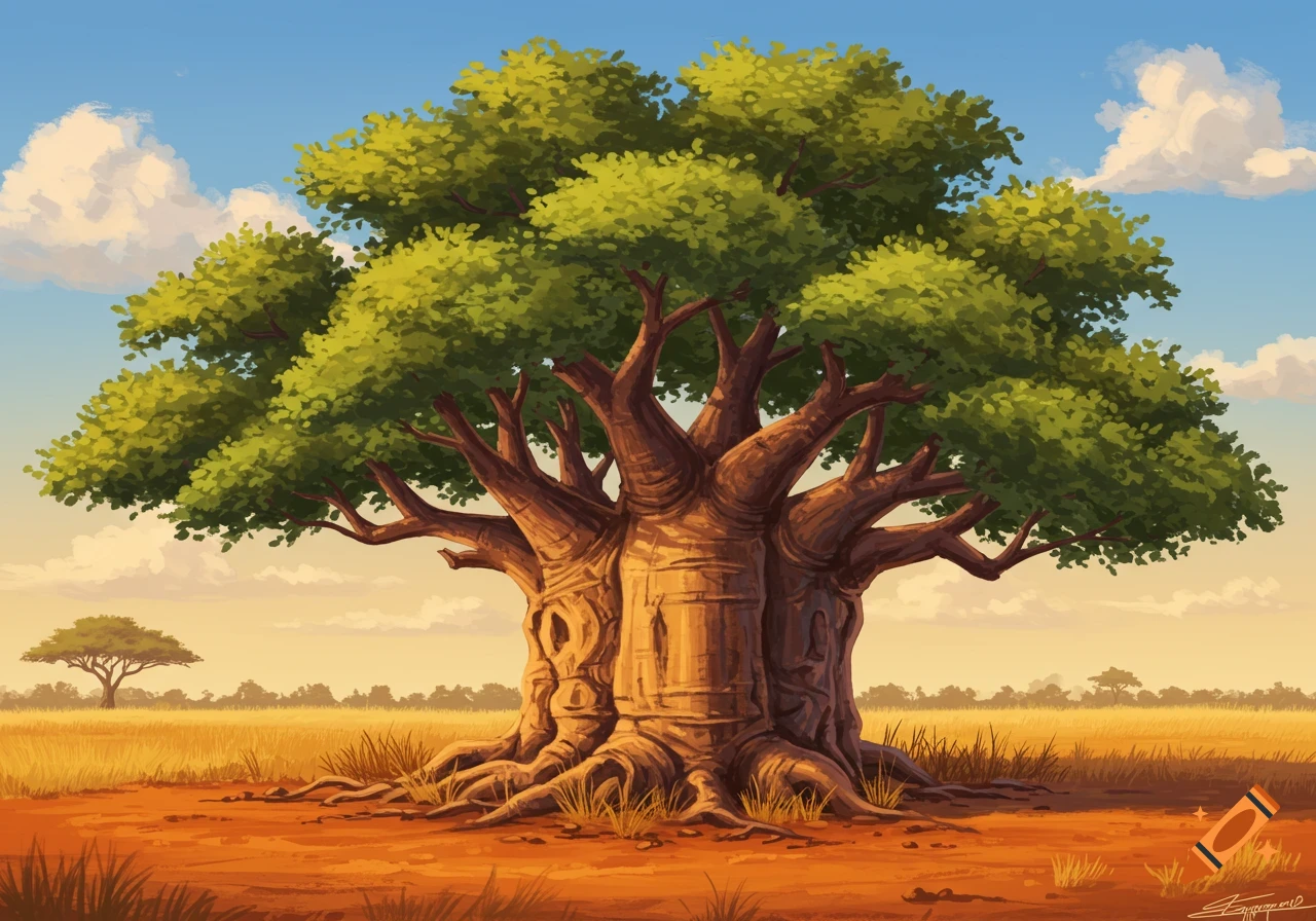 A large, stylized African tree with a thick trunk and lush green foliage stands in a golden savanna under a blue sky.