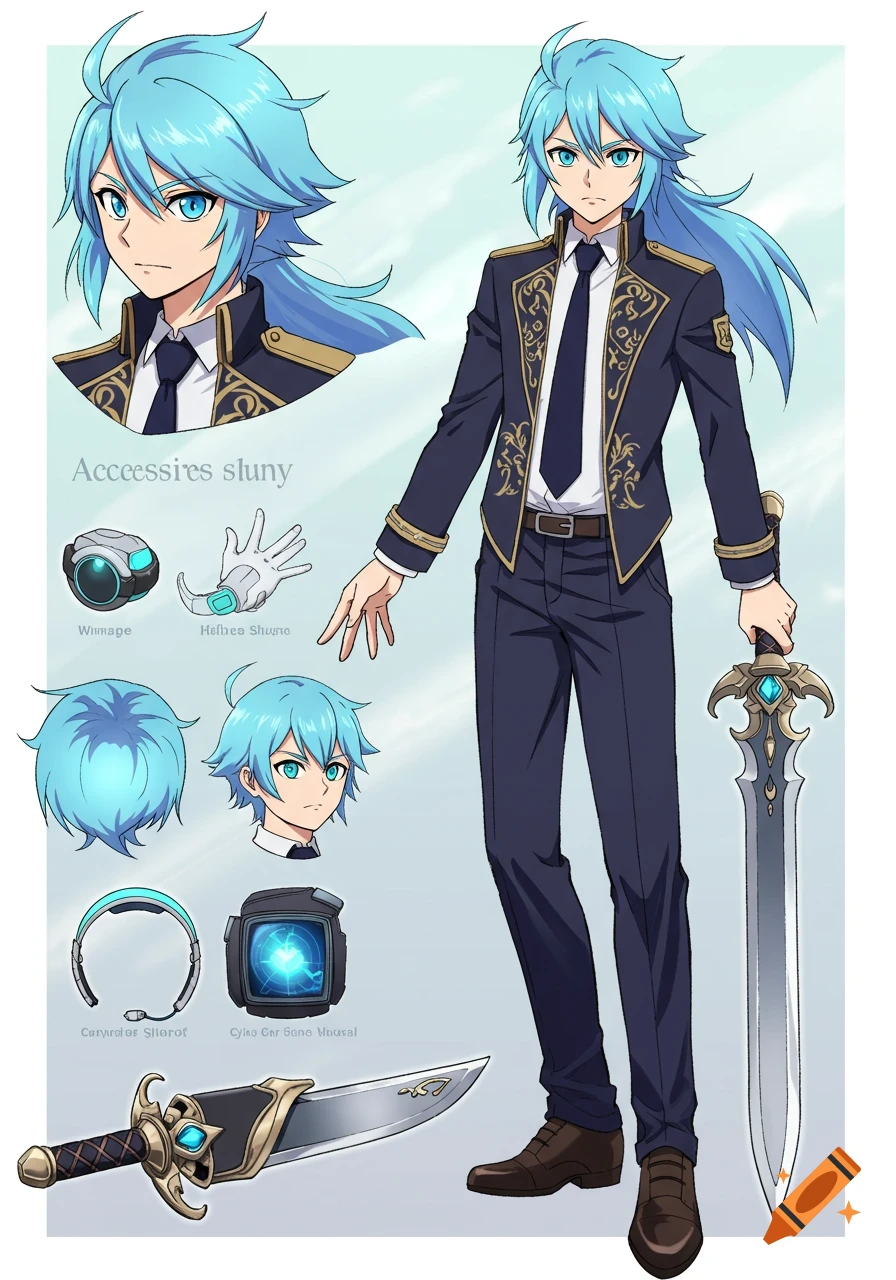 Anime character reference sheet showing a male character with blue hair and eyes in a dark uniform holding a sword, with various accessories and headshots.