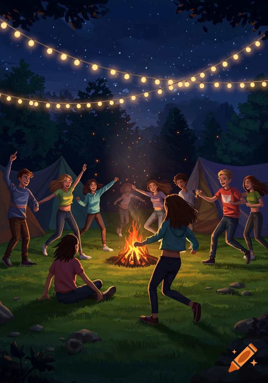 Cartoon illustration of a diverse group of young people gathered and dancing around a campfire at night in a forest with string lights.