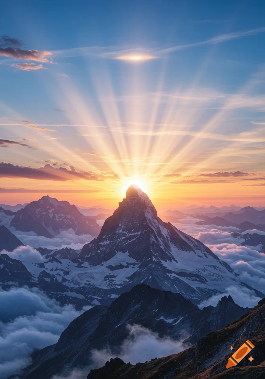 A majestic mountain peak with snow-capped slopes, bathed in golden sunrise rays above a sea of clouds and distant peaks.