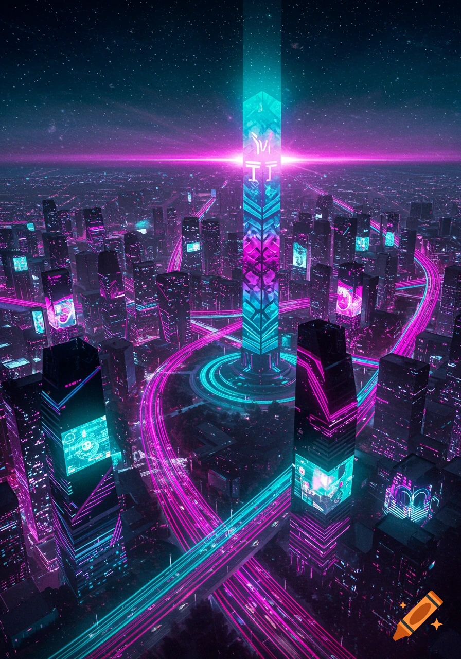 Aerial view of a vibrant futuristic cityscape at night, with neon pink and blue light trails on highways and a glowing central tower under a starry sky.