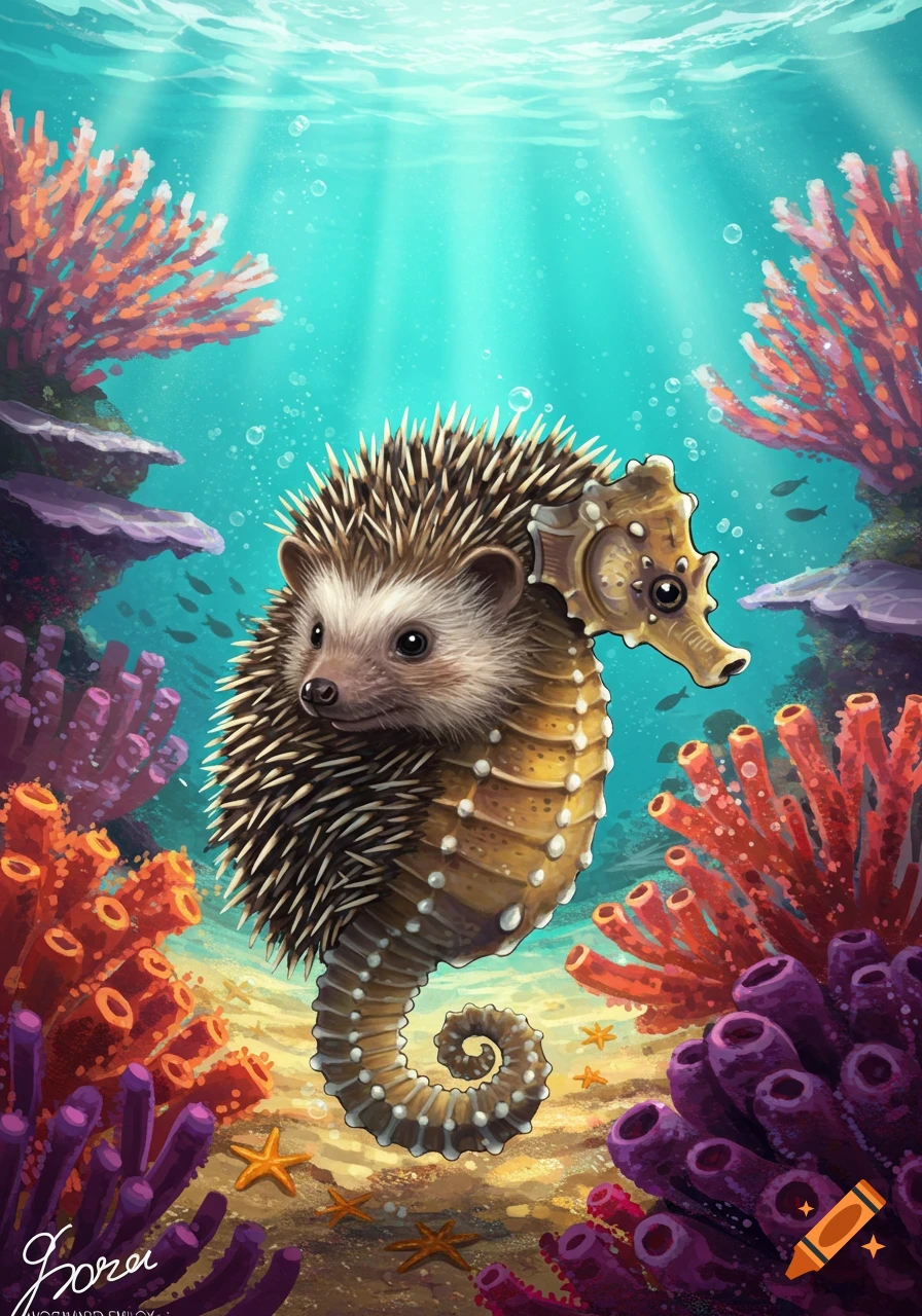 A cute hedgehog with a seahorse body swims in a vibrant coral reef, with sun rays from the water's surface.