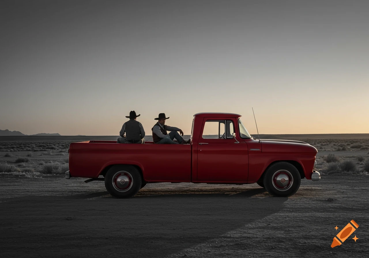 Two cowboys in hats sit in a red pickup truck bed, silhouetted against a vast desert landscape at dusk. Photorealistic.