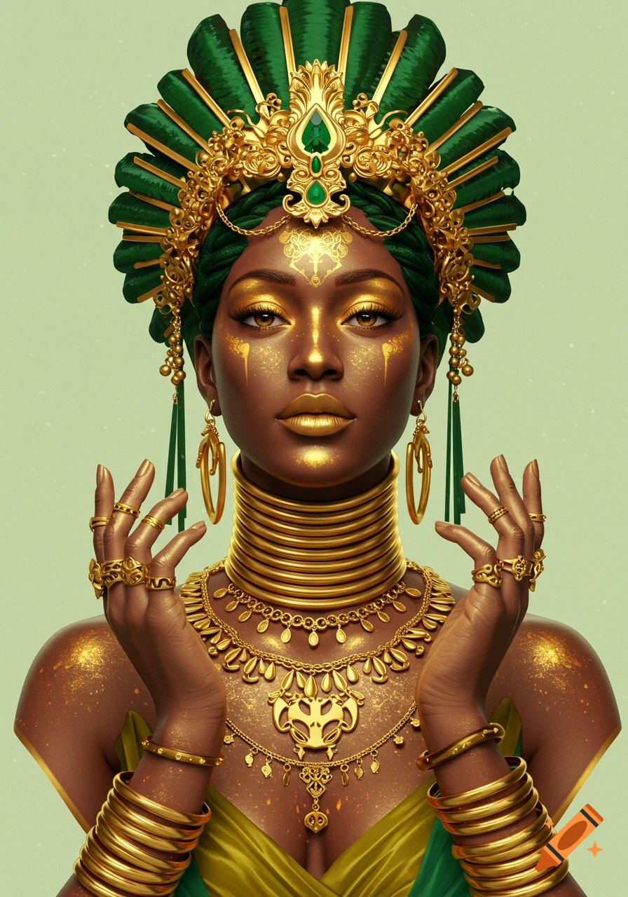 Portrait of a powerful mystical goddess with dark skin, gold makeup, green and gold crown, and elaborate gold jewelry.