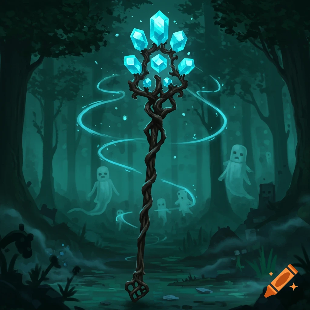 A gnarled wooden staff with glowing blue crystals at its top stands in a dark, misty forest with Minecraft-like ghostly figures floating in the background.