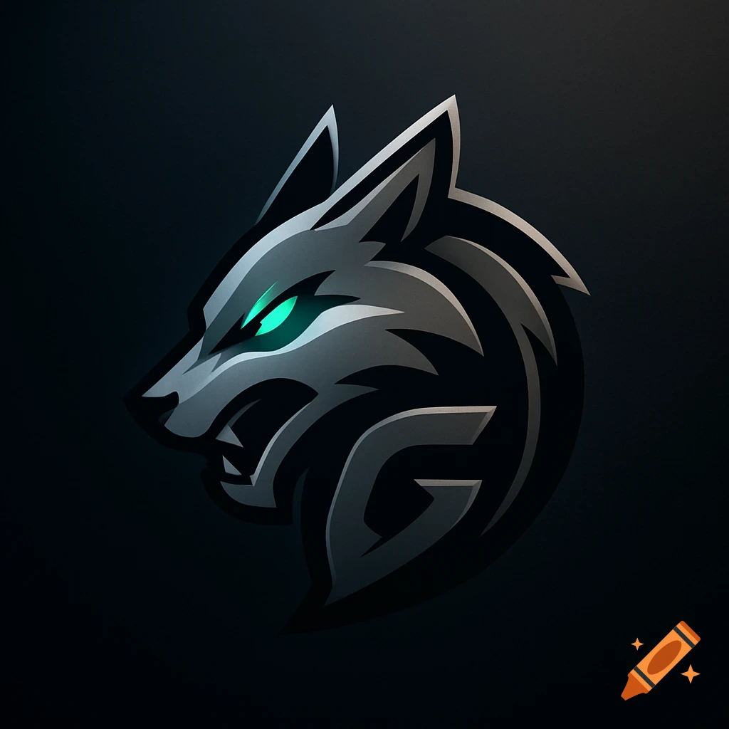 A stylized grey wolf head logo with glowing teal eyes, incorporating a 'G' in its design, on a dark background.