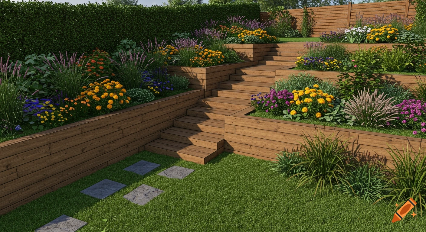 A beautifully designed terraced garden features wooden retaining walls and steps, vibrant flowers, and lush green grass.