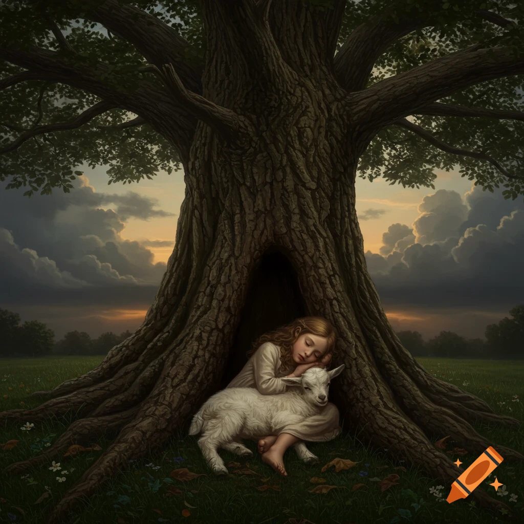 A young girl and a white goat curled up asleep in a tree hollow, with a dramatic cloudy sunset sky. Realistic painting.