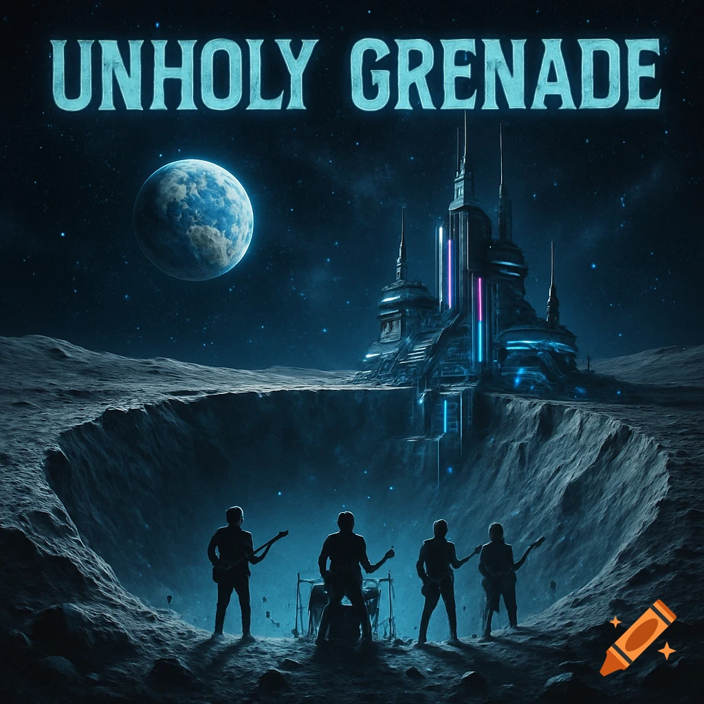 Album cover: Four silhouettes play in a moon crater, a futuristic base on its edge, Earth visible. Text: 'UNHOLY GRENADE'.