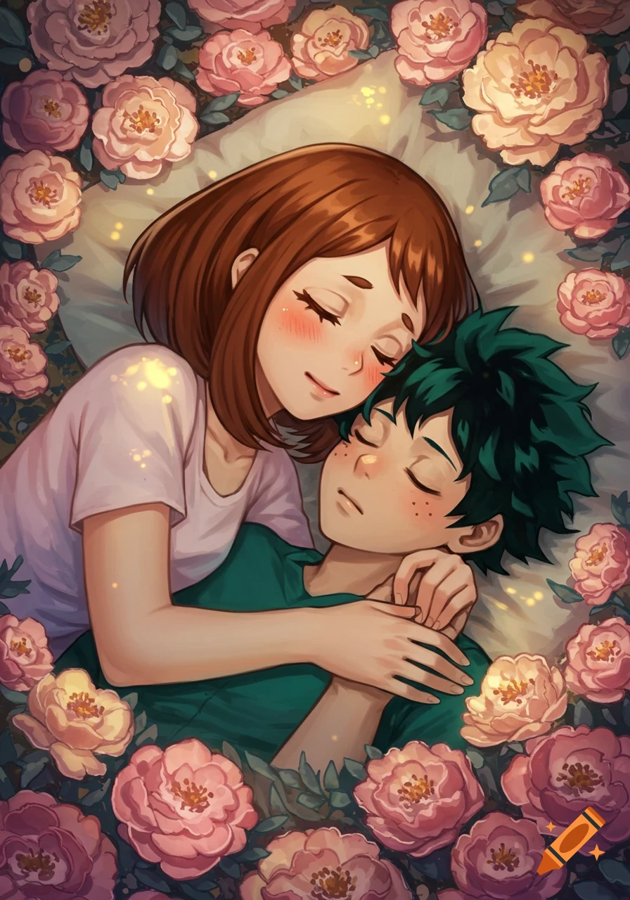Anime illustration of Ochaco Uraraka sleeping peacefully on Izuku Midoriya, surrounded by pink and cream roses.