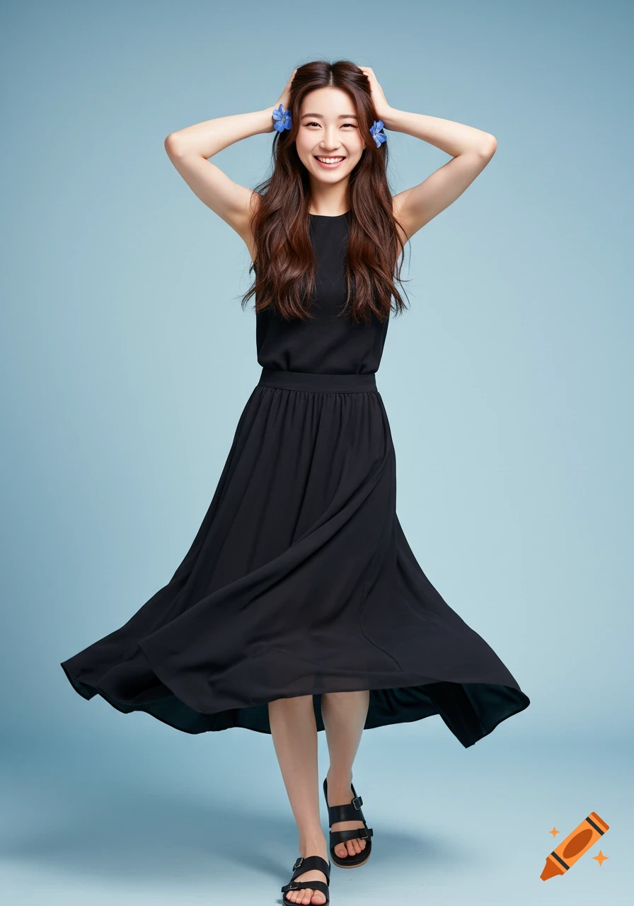 Smiling Asian woman in black dress and sandals with blue flowers in her hair, hands behind head, against a blue background.